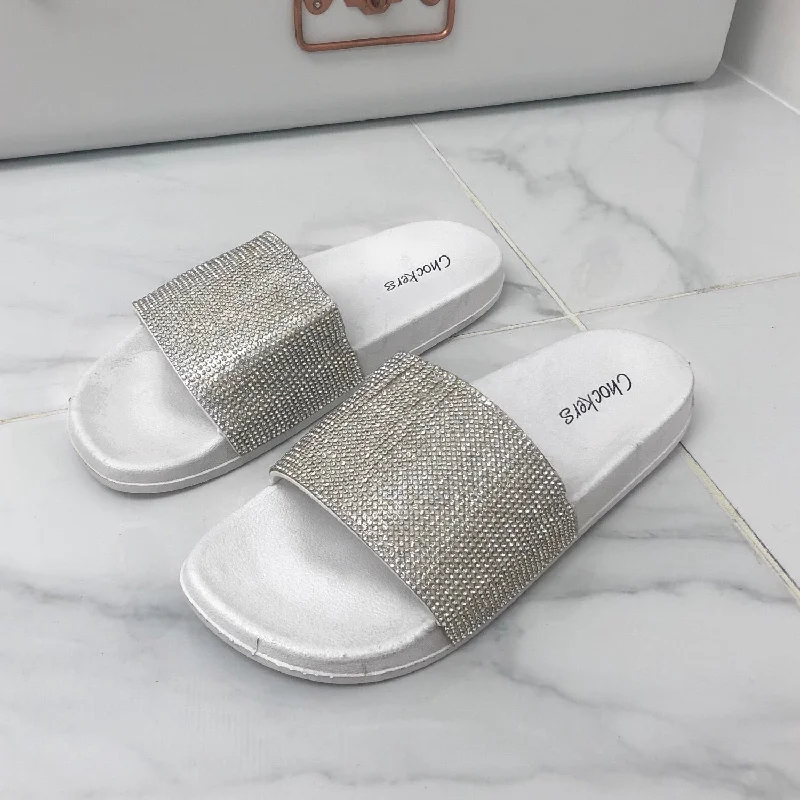 Sana - White Diamanté Band Slip On Slider Sandal