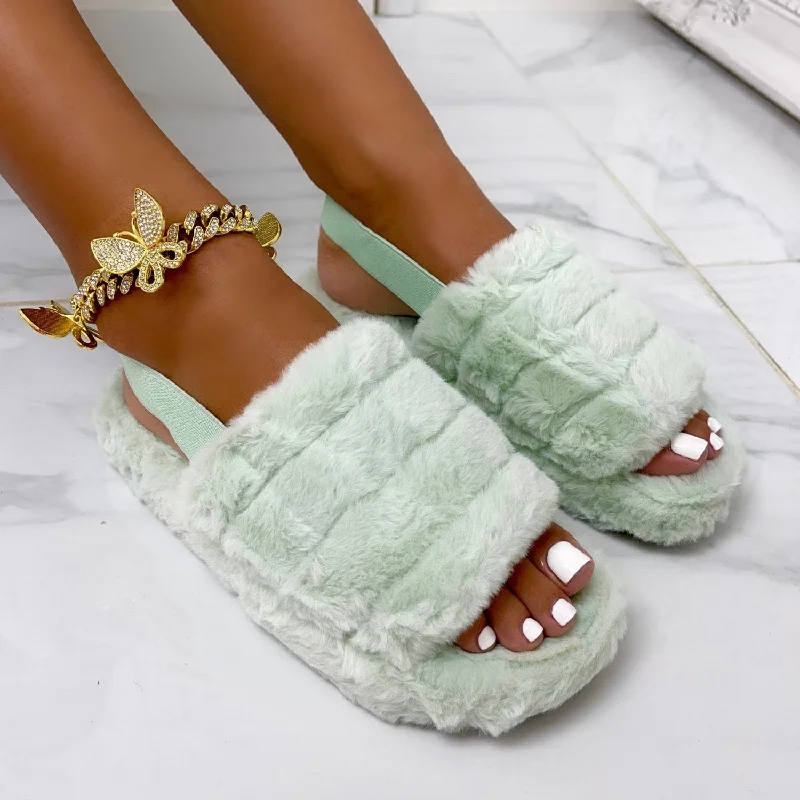 Sky - Sage Fluffy Sling Back Slider Slipper Sandals