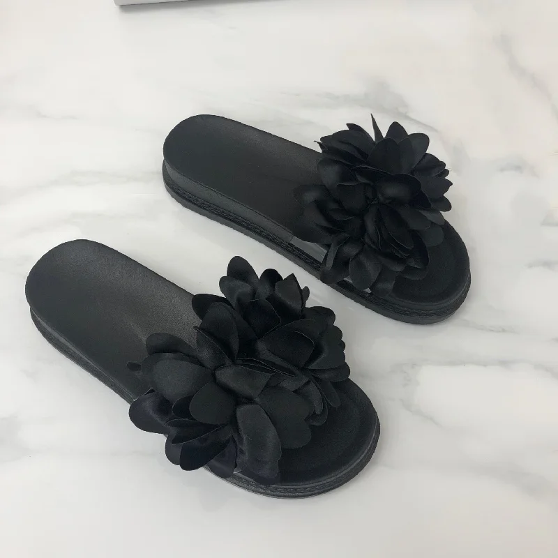 Steph - Black Flower Slip On Slider Sandal